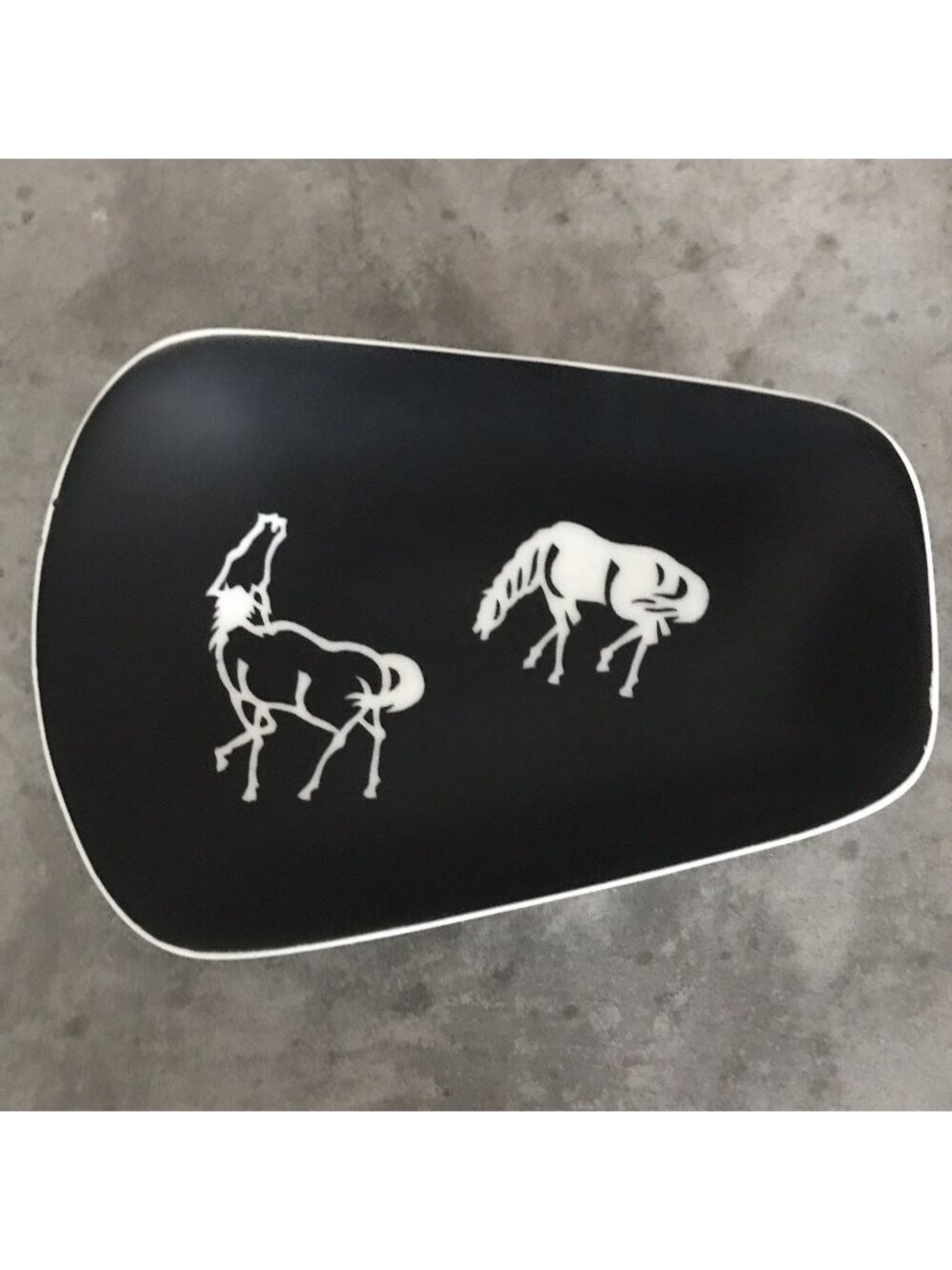Vintage Trinket Dish Horses Equestrian Pottery Minimalist Black White MCM Farm